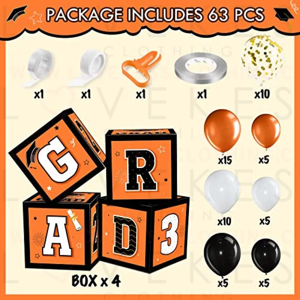 63 Pieces Graduation Box Decorations 2023 Balloon Boxes Set, Congrats Grad Block Boxes Decor with Point Dot for Class of 2023 School Party Supplies Celebration, 11.8 x 11.8 x 11.8 Inch(Orange)