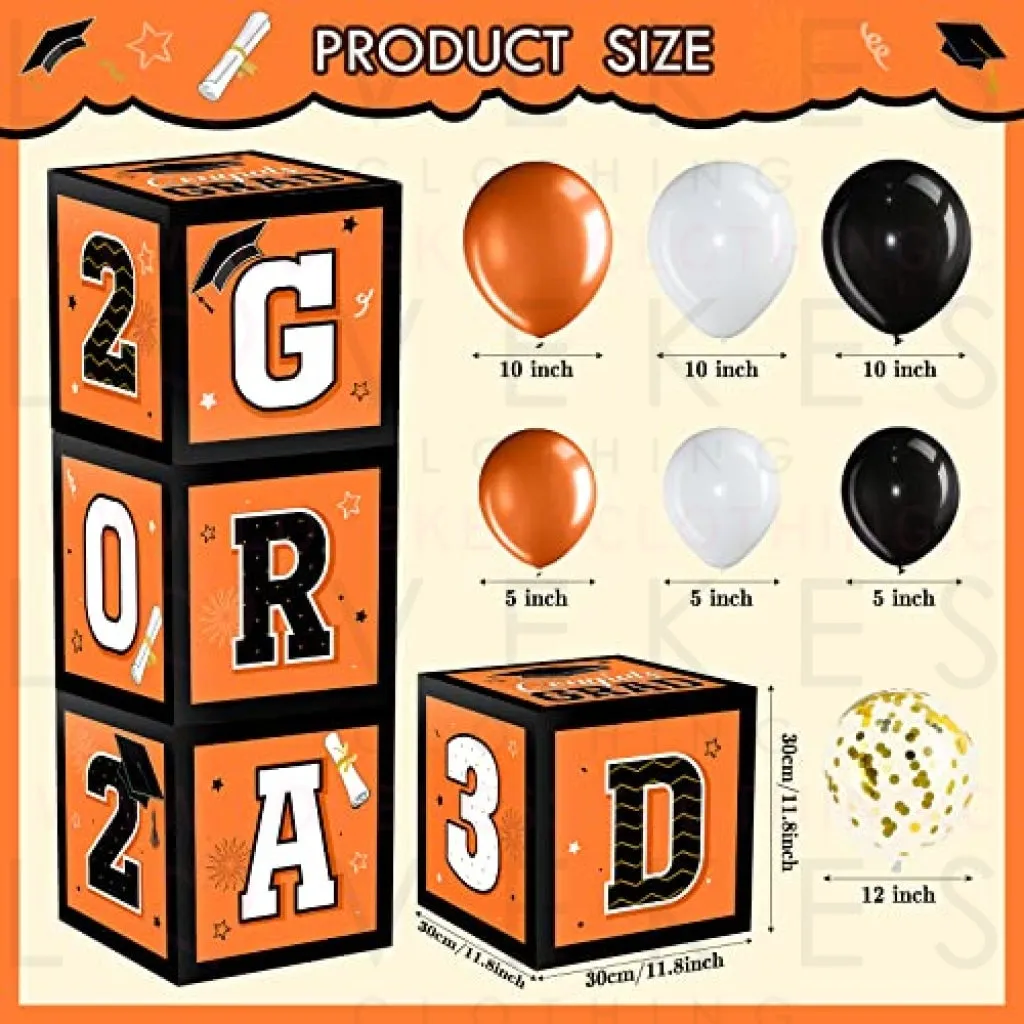 63 Pieces Graduation Box Decorations 2023 Balloon Boxes Set, Congrats Grad Block Boxes Decor with Point Dot for Class of 2023 School Party Supplies Celebration, 11.8 x 11.8 x 11.8 Inch(Orange)