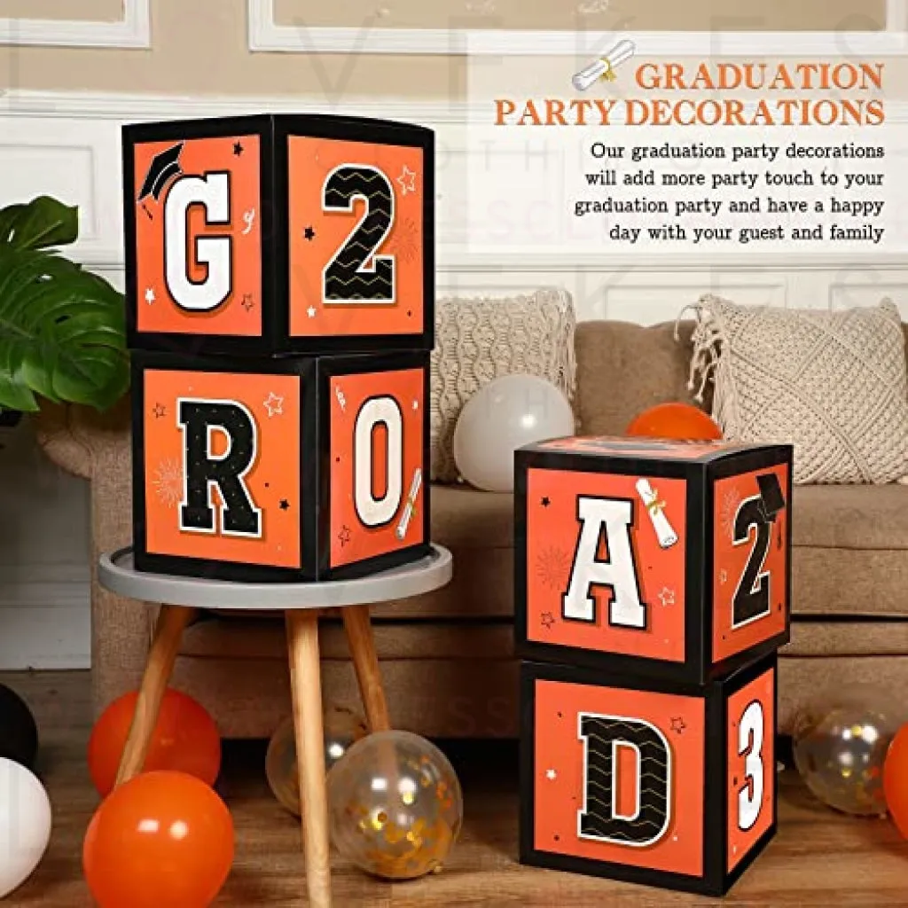 63 Pieces Graduation Box Decorations 2023 Balloon Boxes Set, Congrats Grad Block Boxes Decor with Point Dot for Class of 2023 School Party Supplies Celebration, 11.8 x 11.8 x 11.8 Inch(Orange)