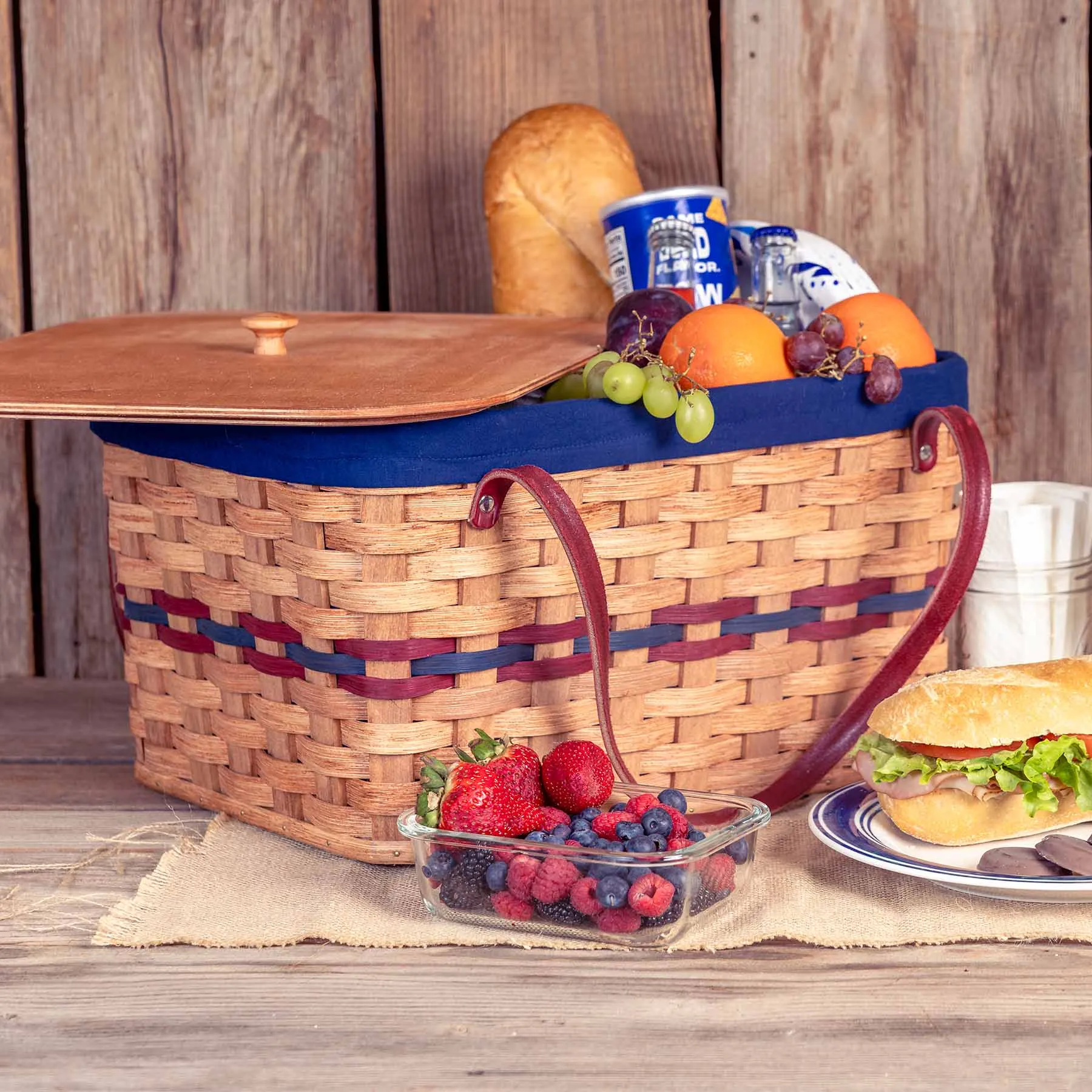 Amish Picnic Basket | Large Classic Wicker Outdoor Tote With Lid