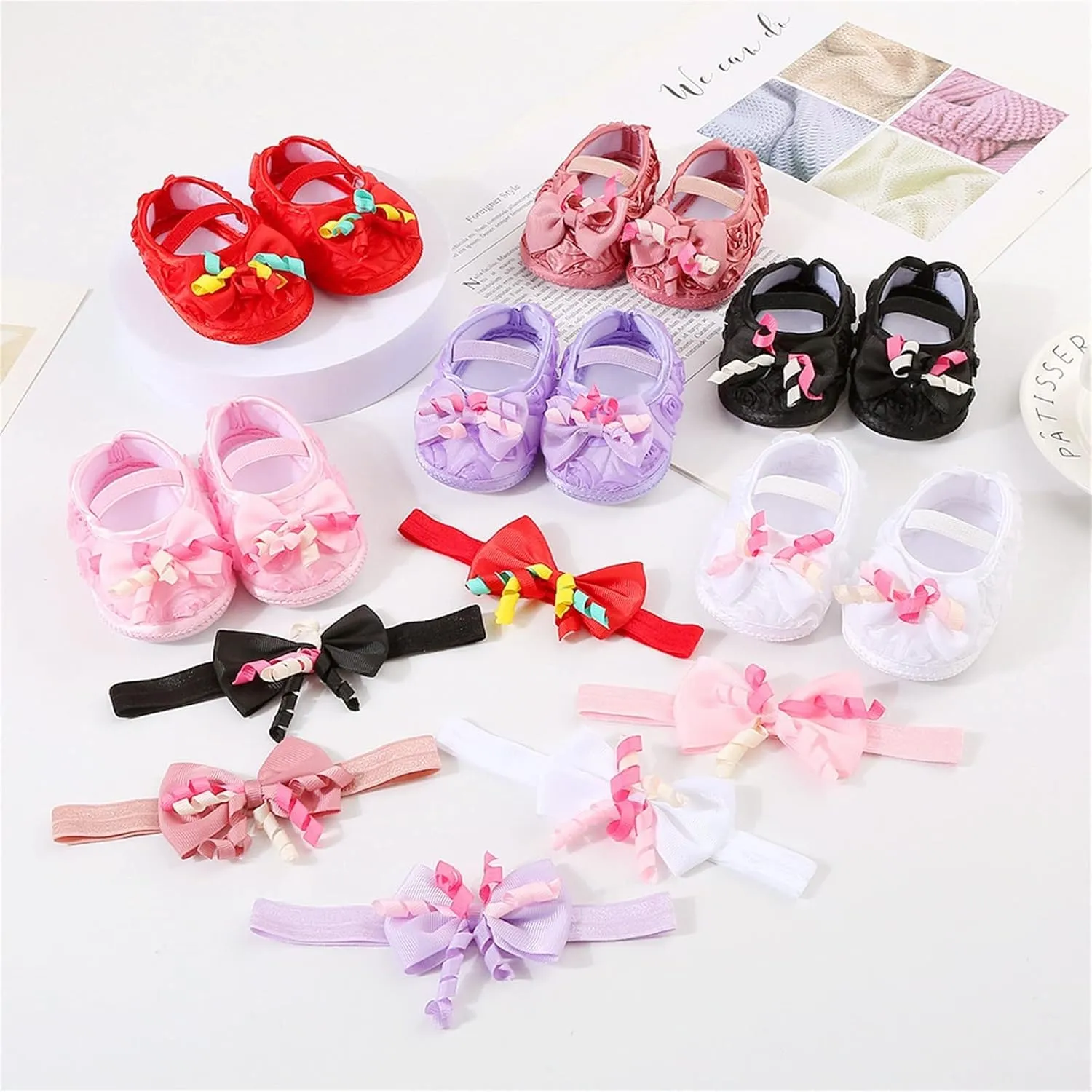 Baby Shoes with Hair Band Fashion Soft Soled Toddler Shoes Versatile Dress Flower Princess Shoes Infant Crib Shoes (Red, 3.5 Infant)