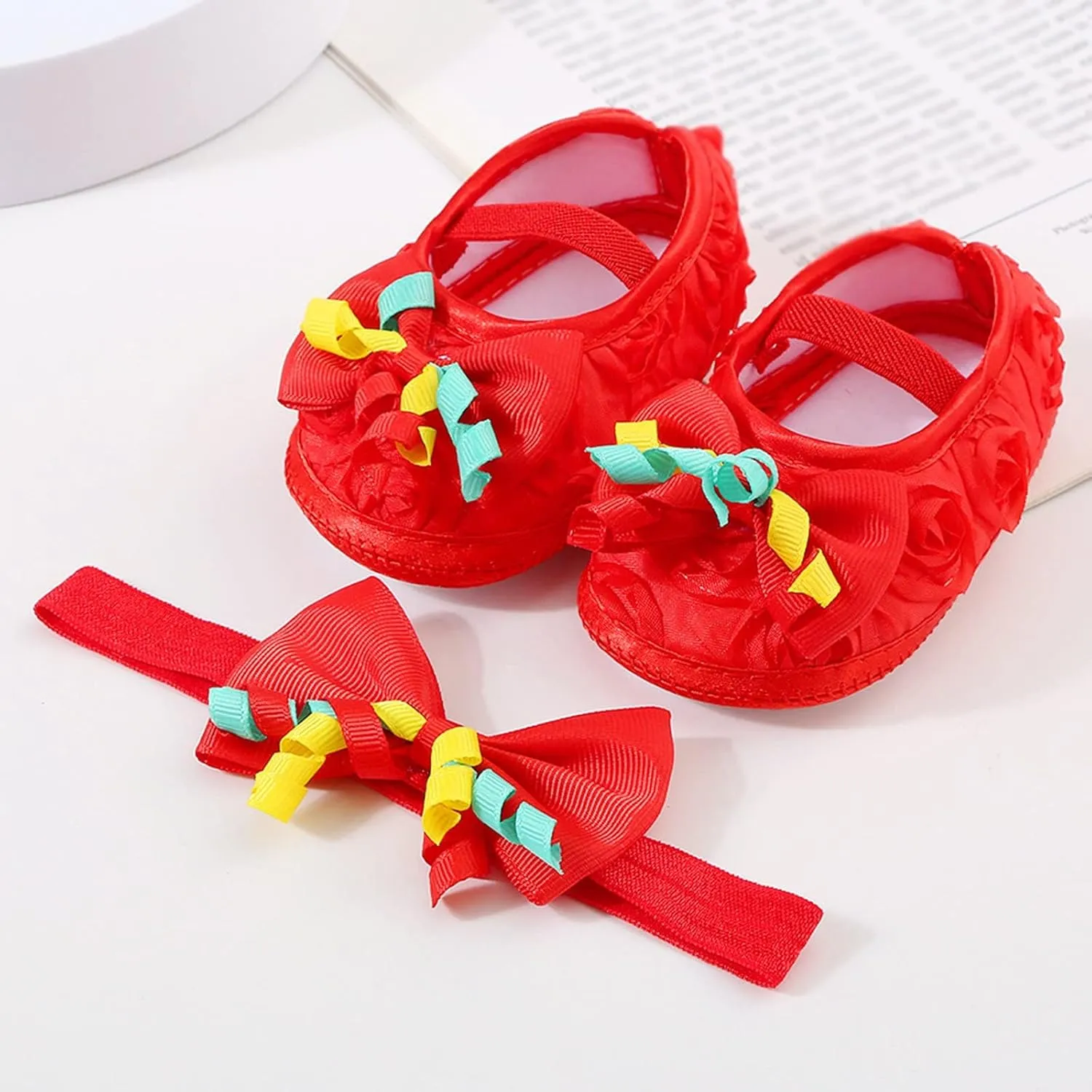 Baby Shoes with Hair Band Fashion Soft Soled Toddler Shoes Versatile Dress Flower Princess Shoes Infant Crib Shoes (Red, 3.5 Infant)