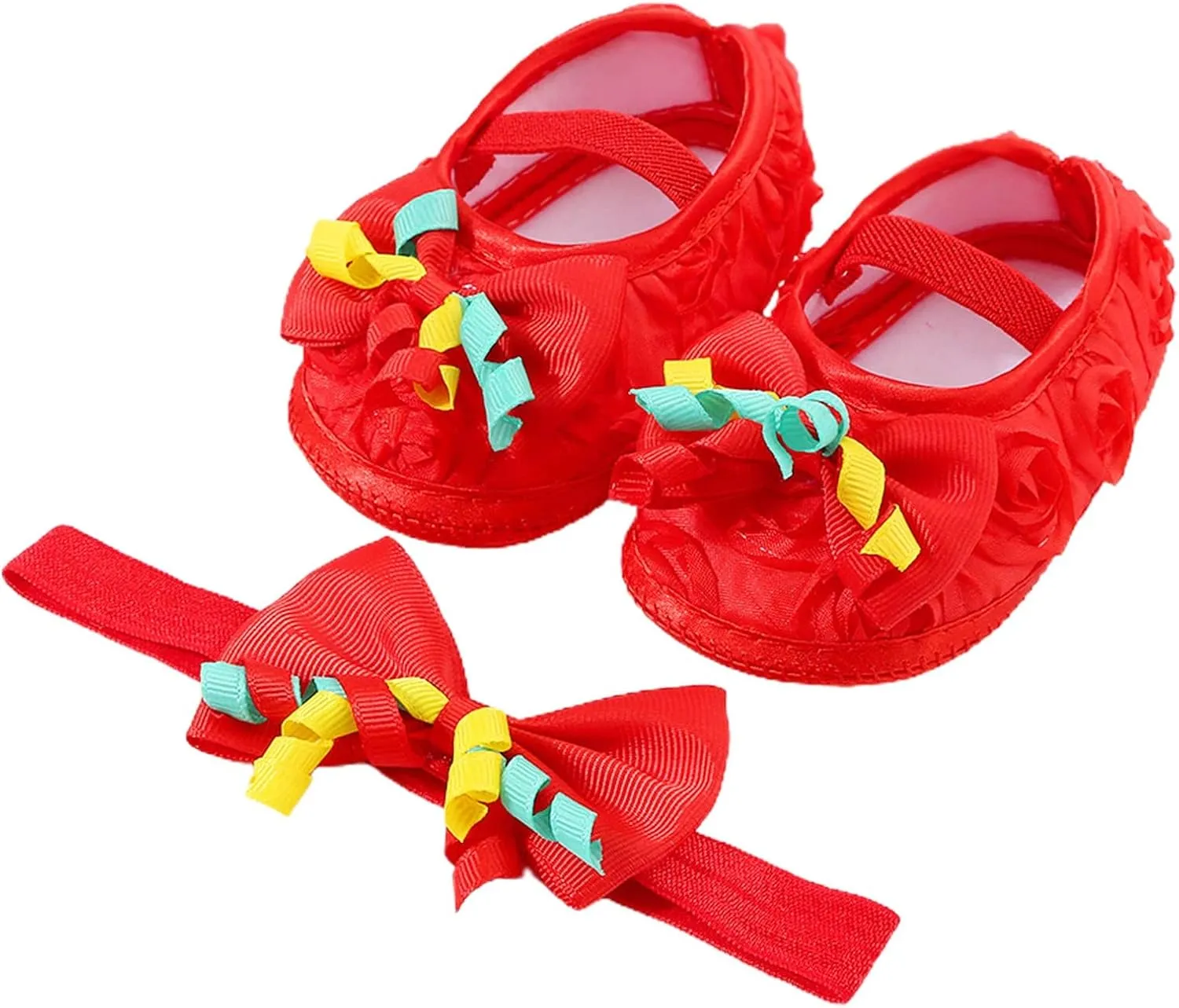 Baby Shoes with Hair Band Fashion Soft Soled Toddler Shoes Versatile Dress Flower Princess Shoes Infant Crib Shoes (Red, 3.5 Infant)