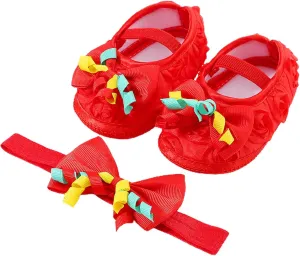 Baby Shoes with Hair Band Fashion Soft Soled Toddler Shoes Versatile Dress Flower Princess Shoes Infant Crib Shoes (Red, 3.5 Infant)