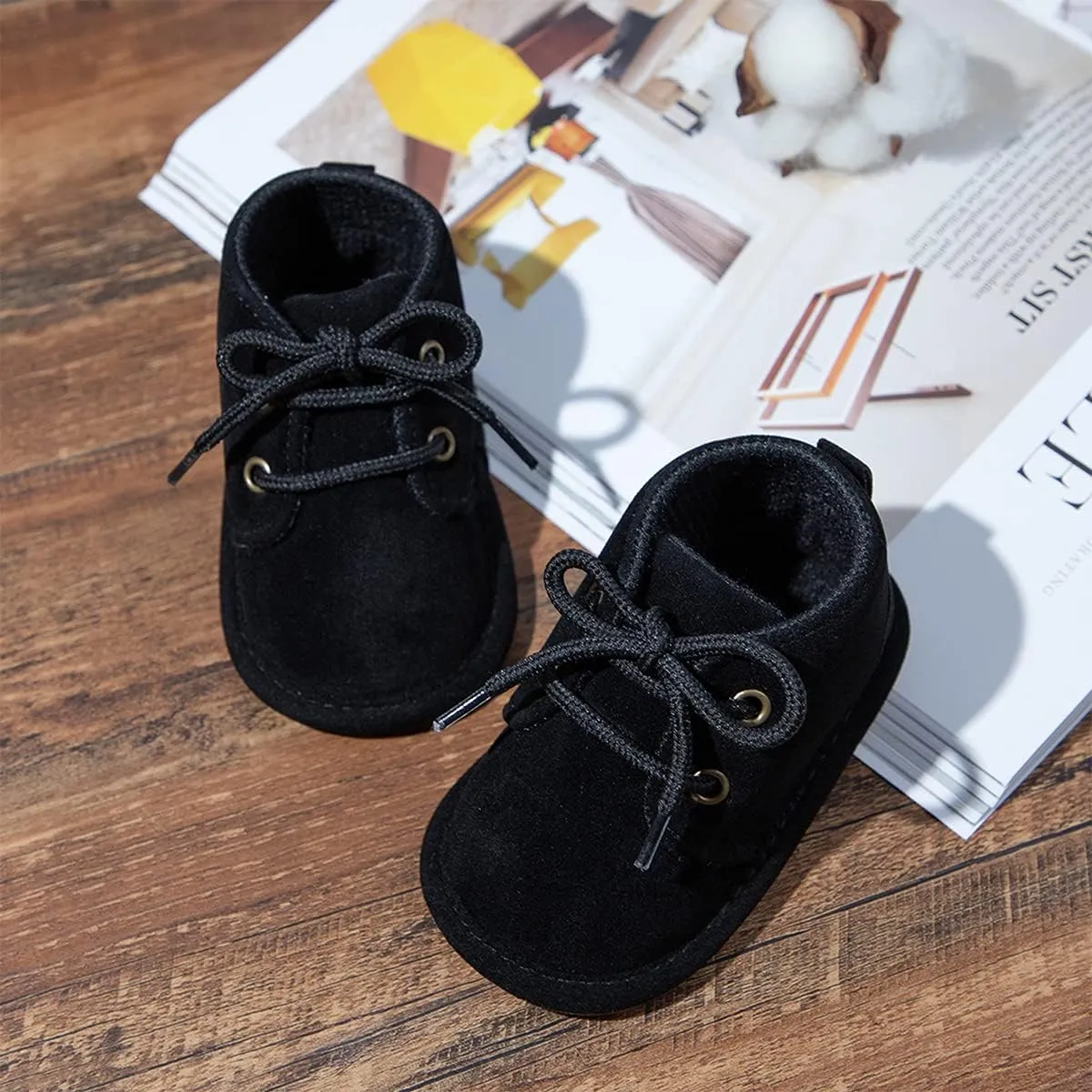 Baby Unisex Warm Snow Boots Newborn Leather Fur Lace Up Ankle Anti-Slip Rubber Texture Sole Toddler Prewalker Winter Crib Shoes