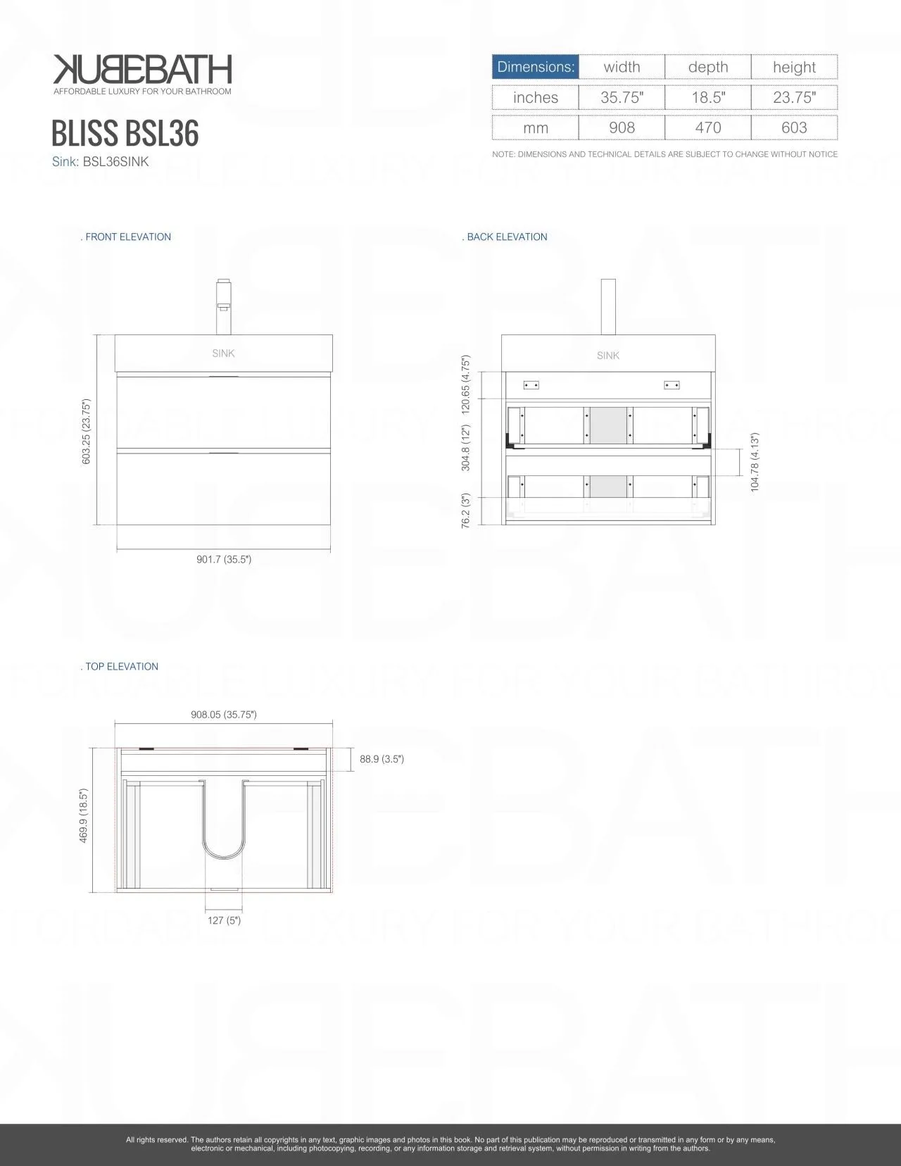 BSL36" BUTTERNUT, Wall Mount Bathroom Vanity