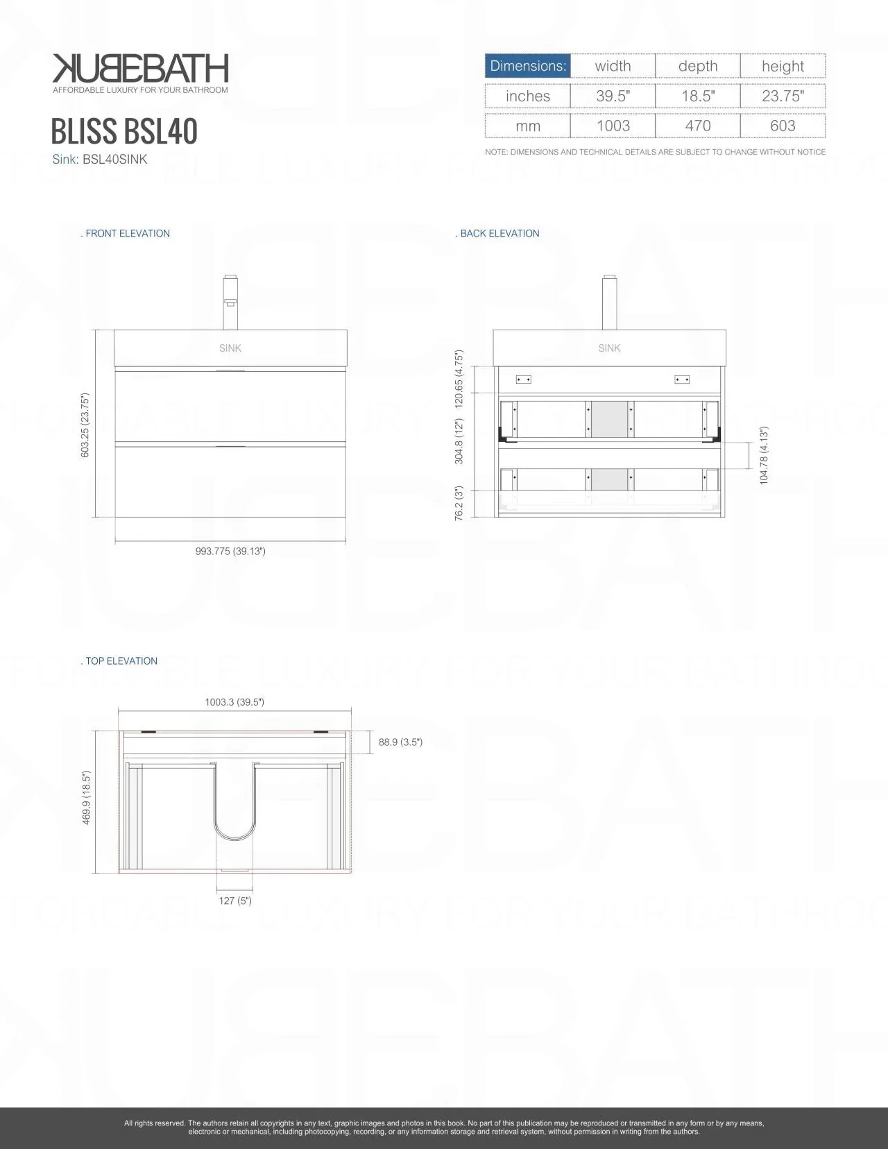 BSL40" High Gloss White, Wall Mount Bathroom Vanity