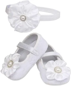 Cherished Moments "Petals White Lace Baptism Christening Shoe and Headband Set for Baby Girl (Size 1)