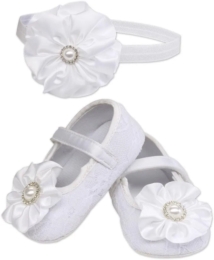 Cherished Moments "Petals White Lace Baptism Christening Shoe and Headband Set for Baby Girl (Size 1)