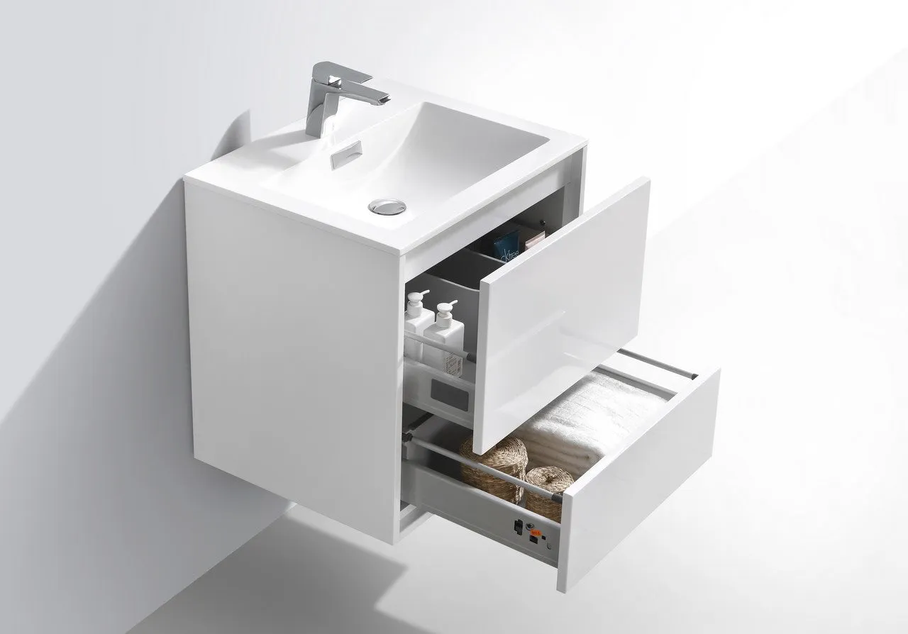 DL24GW, 24" HIGH GLOSSY WHITE WALL MOUNT MODERN BATHROOM VANITY
