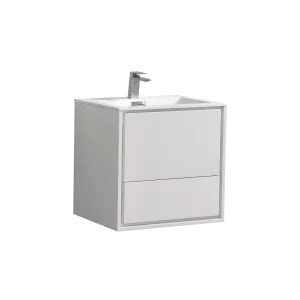 DL24GW, 24" HIGH GLOSSY WHITE WALL MOUNT MODERN BATHROOM VANITY