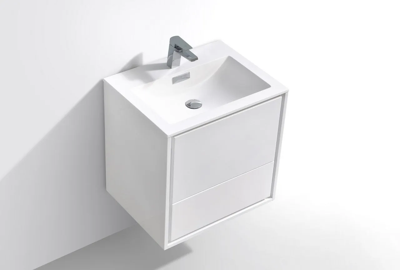 DL24GW, 24" HIGH GLOSSY WHITE WALL MOUNT MODERN BATHROOM VANITY