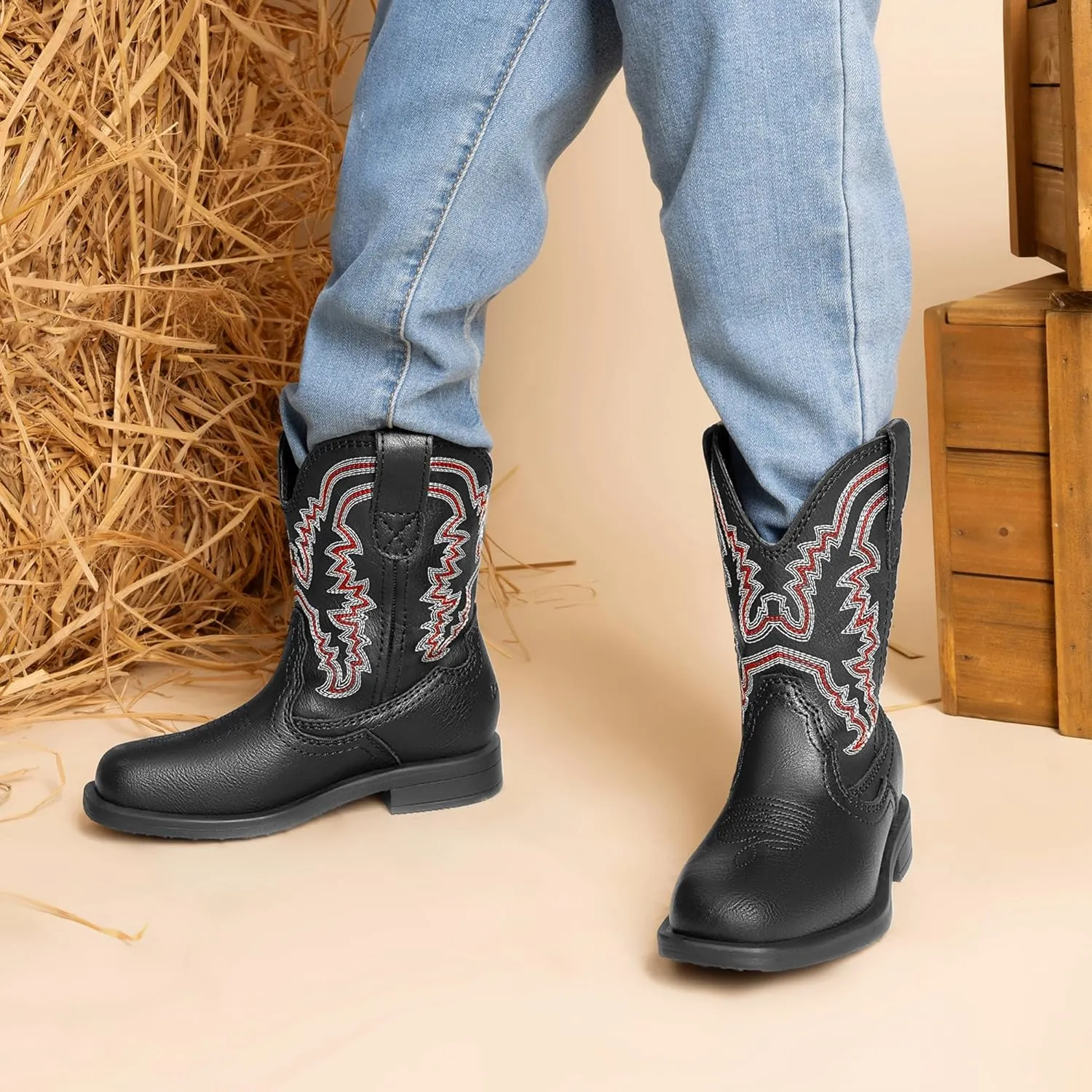 DREAM PAIRS Toddler Little Boys Girls Cowboy Boots Kids Western Square Toe Riding Mid Calf Boots