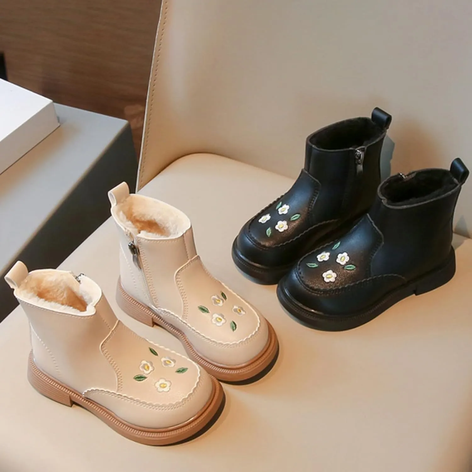 Flower Embroidery Baby Girls Ankle Boots Soft Sole Western Cowboy Booties Comfy Fleece Warm Pre-Walkers Shoes