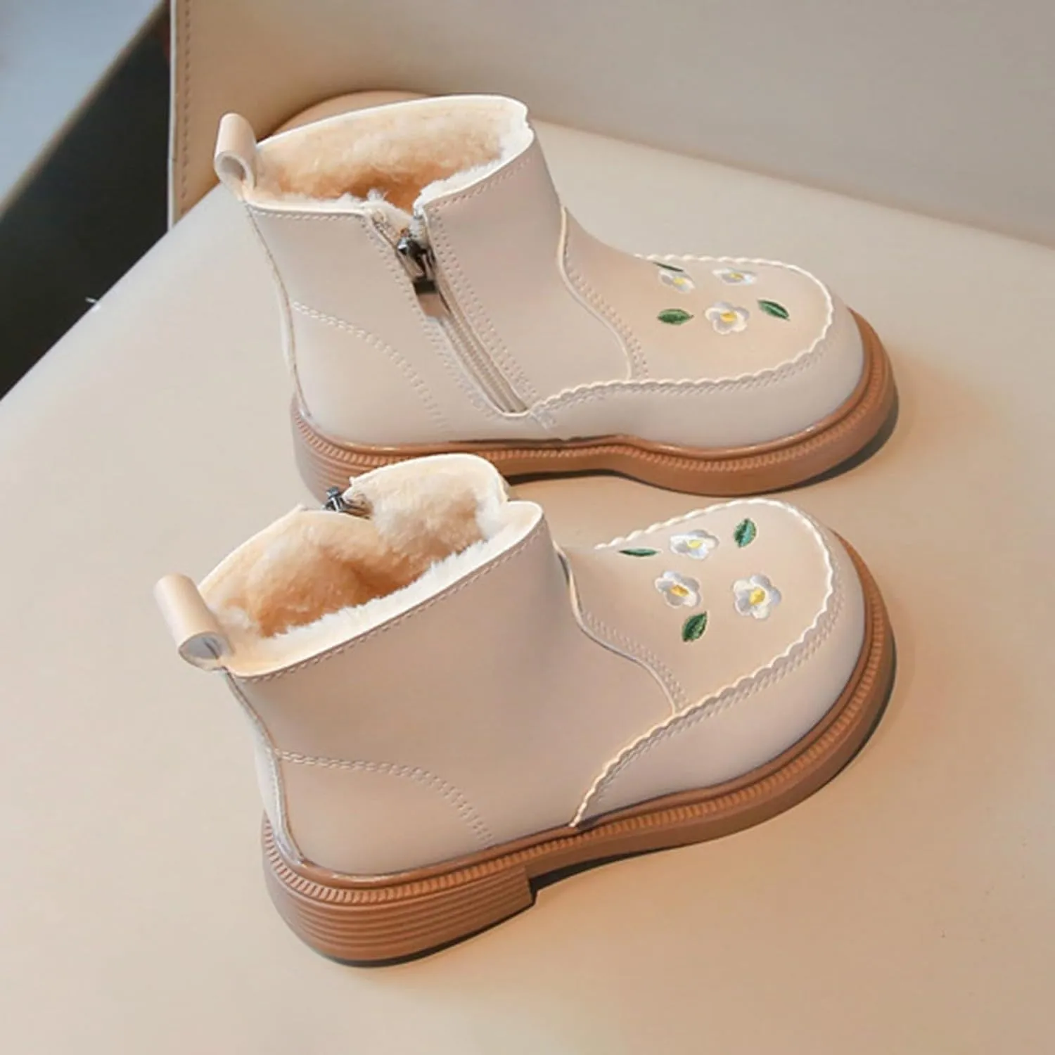 Flower Embroidery Baby Girls Ankle Boots Soft Sole Western Cowboy Booties Comfy Fleece Warm Pre-Walkers Shoes