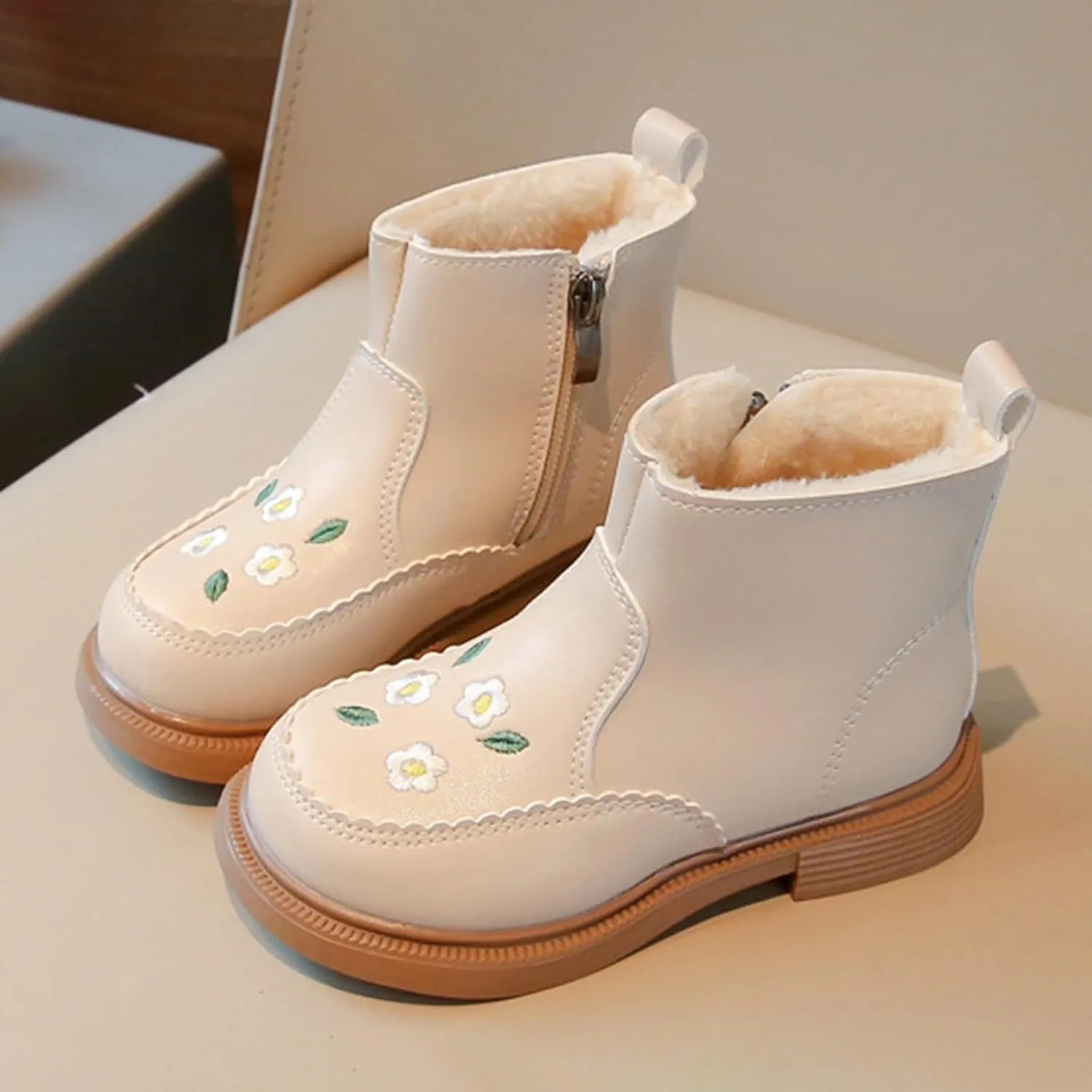 Flower Embroidery Baby Girls Ankle Boots Soft Sole Western Cowboy Booties Comfy Fleece Warm Pre-Walkers Shoes