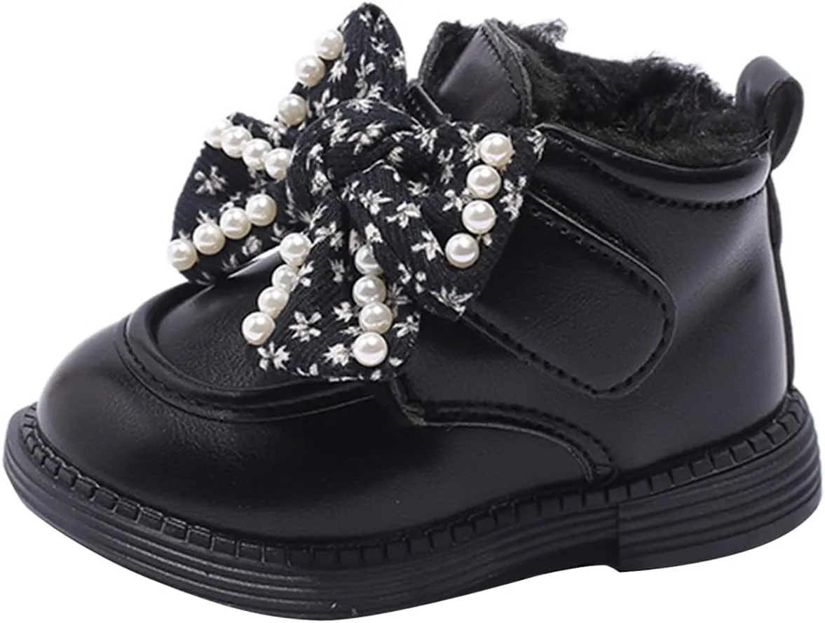 Girls Ankle Boots Sweet Bow Soft Sole Flat Booties Thick Plush Soft Sole Leather Non Slip Snow Boots