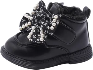 Girls Ankle Boots Sweet Bow Soft Sole Flat Booties Thick Plush Soft Sole Leather Non Slip Snow Boots