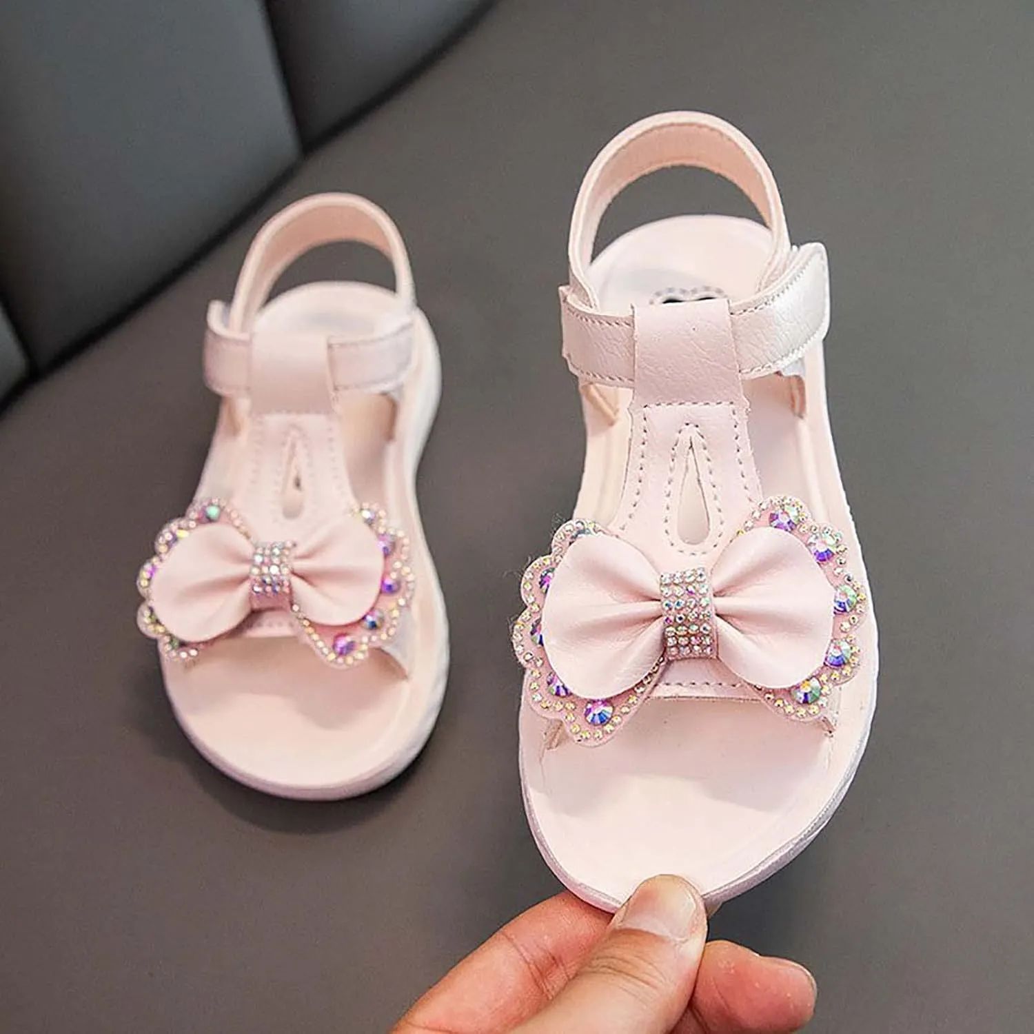 Girls Kids Bow Leather Sandals Foam Sole Non Slip Wide Shoes Baby Girl Summer Outdoor Water Barefoot Hook Loop Sandals