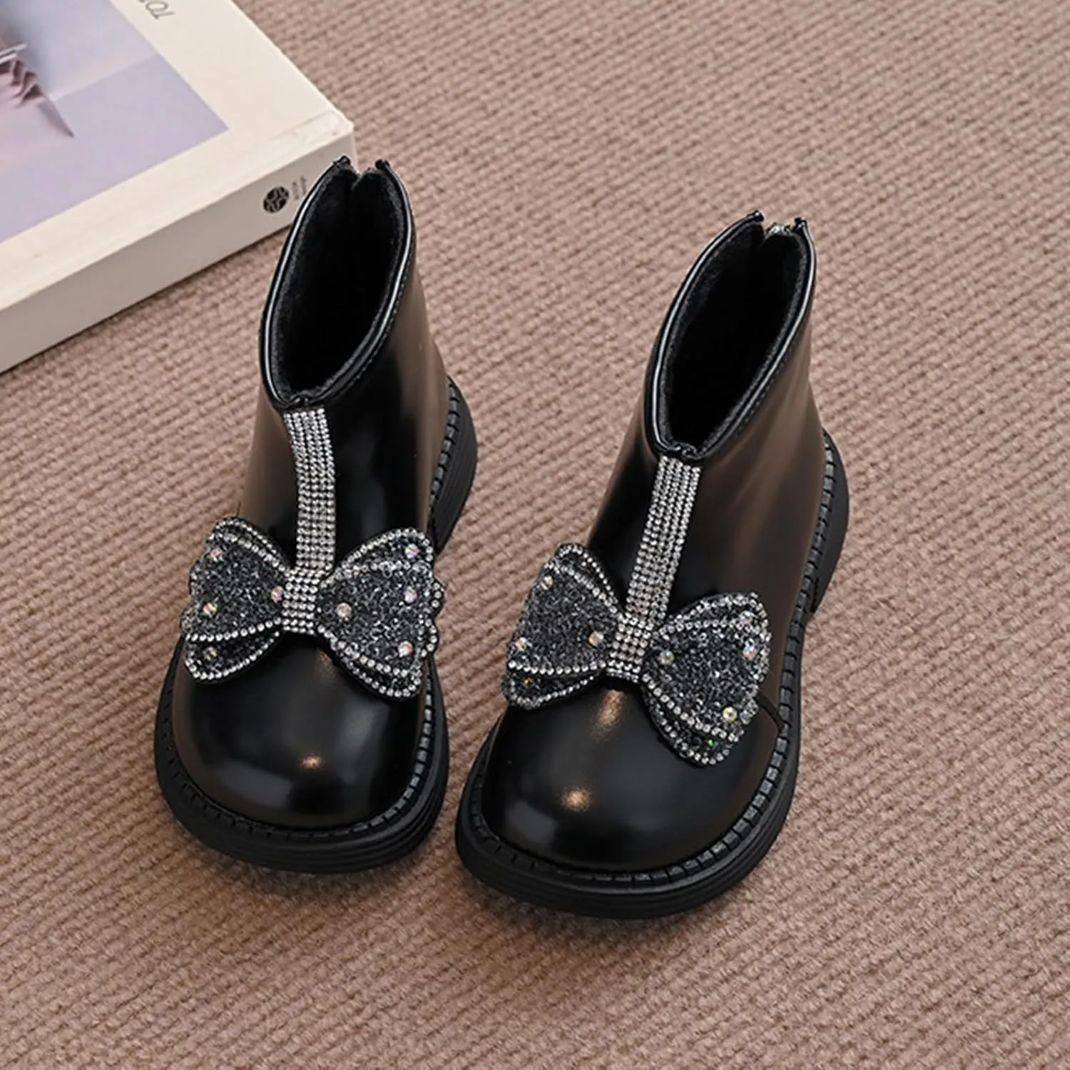 Girls Leather Mary Jane Boots Back Zipper Short Boots Winter Soft Bottom Boots Waterproof Non Slip Low Calf Boots