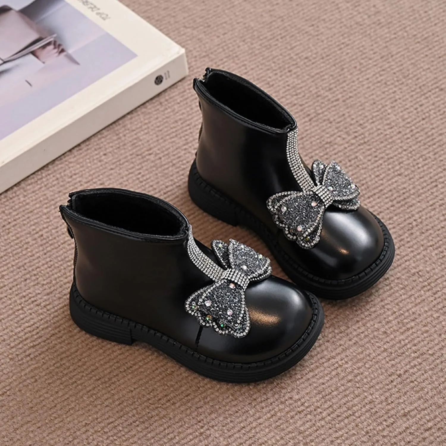 Girls Leather Mary Jane Boots Back Zipper Short Boots Winter Soft Bottom Boots Waterproof Non Slip Low Calf Boots