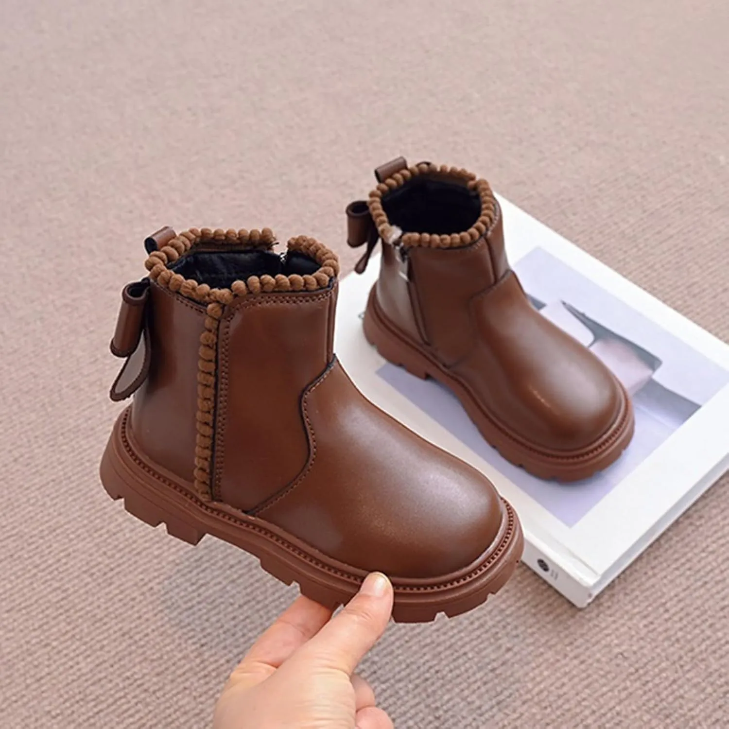 Girls Leather Mary Jane Boots Waterproof Side Zipper Ankle Boots Non Slip Low Calf Boots Kid Autumn Winter Boots