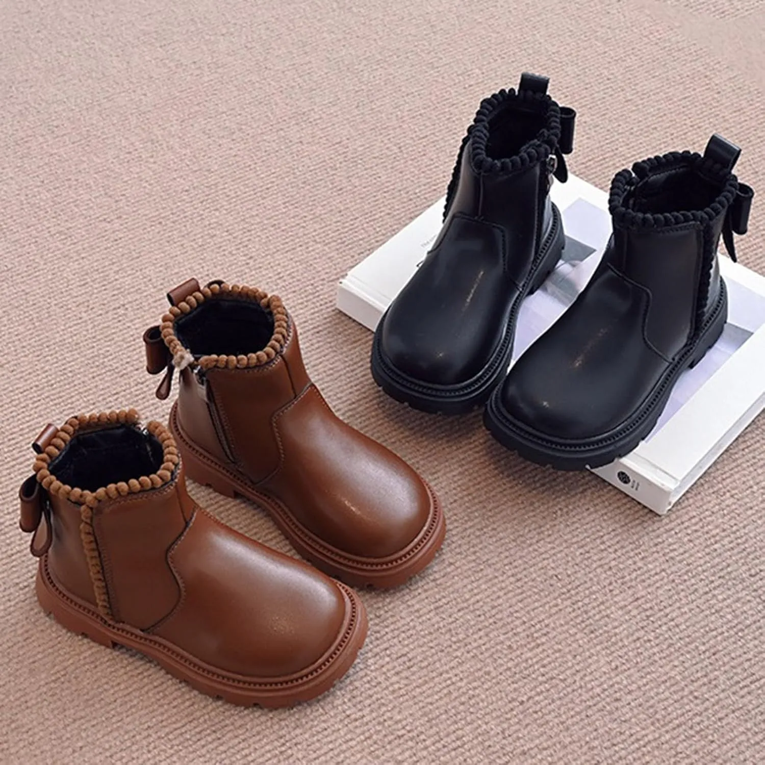 Girls Leather Mary Jane Boots Waterproof Side Zipper Ankle Boots Non Slip Low Calf Boots Kid Autumn Winter Boots