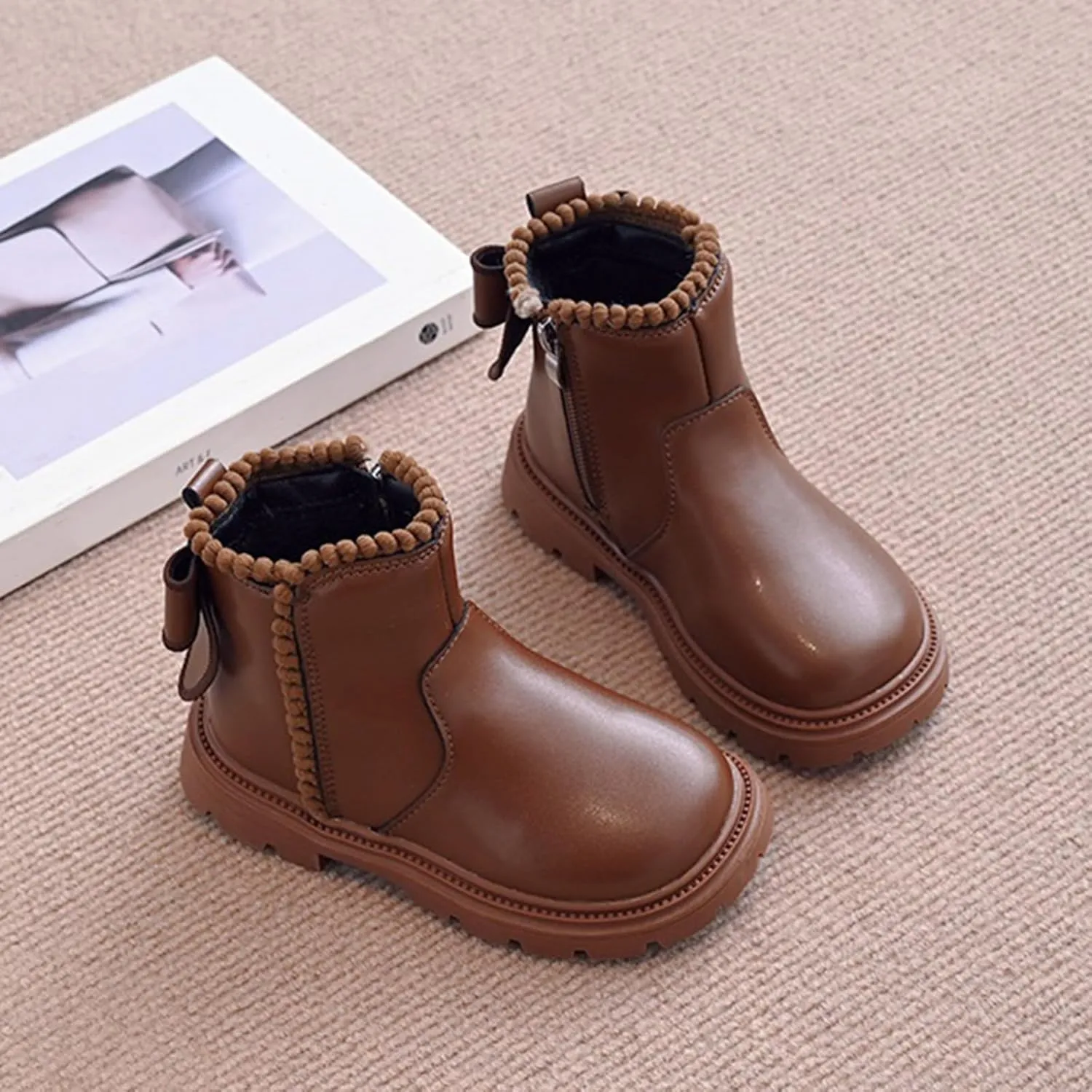 Girls Leather Mary Jane Boots Waterproof Side Zipper Ankle Boots Non Slip Low Calf Boots Kid Autumn Winter Boots
