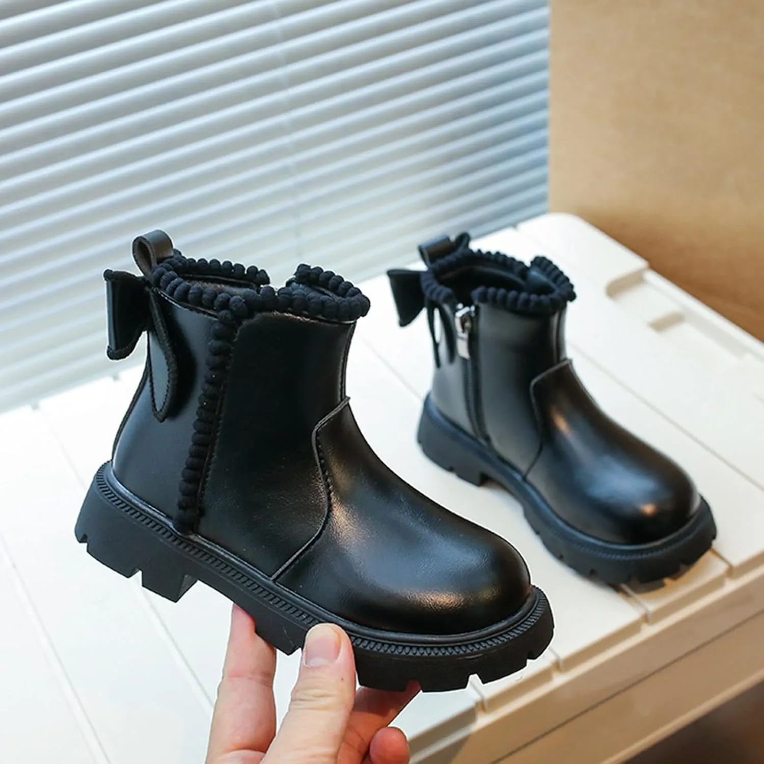 Girls Leather Mary Jane Boots Waterproof Side Zipper Ankle Boots Non Slip Low Calf Boots Kid Autumn Winter Boots