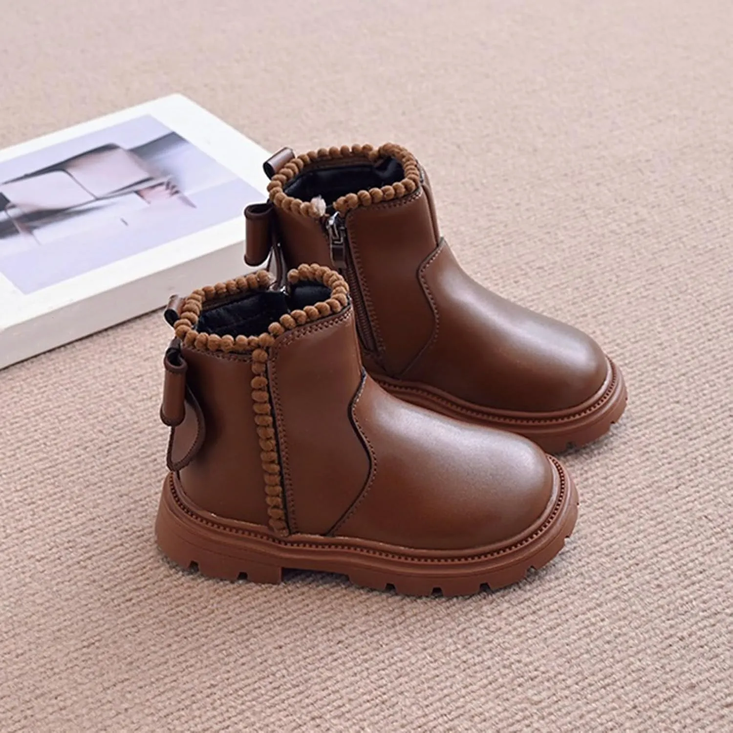 Girls Leather Mary Jane Boots Waterproof Side Zipper Ankle Boots Non Slip Low Calf Boots Kid Autumn Winter Boots