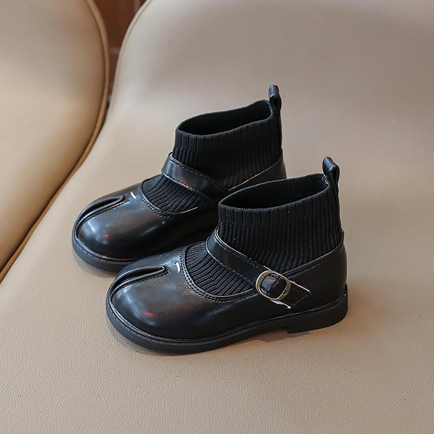 Girls Mary Jane Boots Waterproof Leather Slip On Boots Soft Sole Flat Boots Casual Non Slip Low Calf Boots
