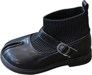 Girls Mary Jane Boots Waterproof Leather Slip On Boots Soft Sole Flat Boots Casual Non Slip Low Calf Boots
