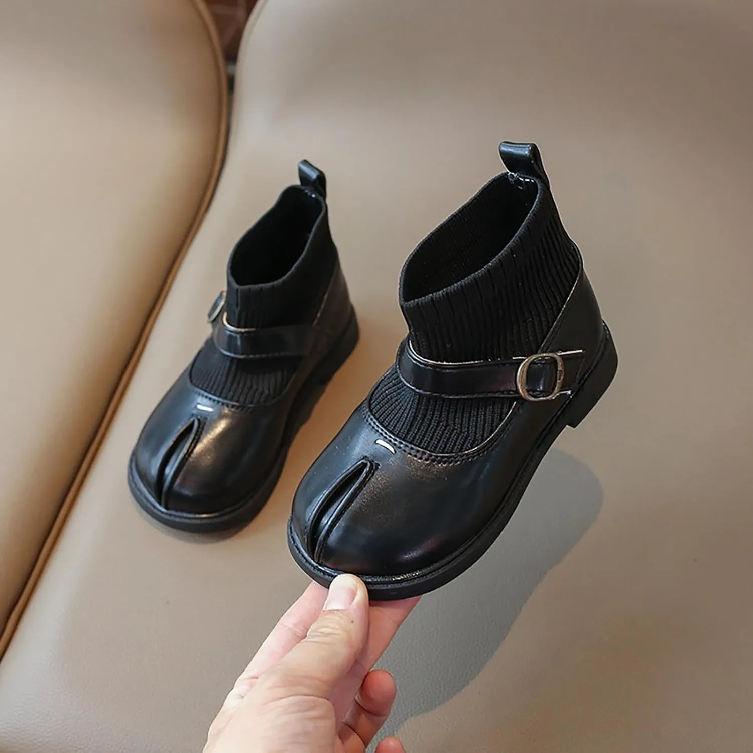 Girls Mary Jane Boots Waterproof Leather Slip On Boots Soft Sole Flat Boots Casual Non Slip Low Calf Boots