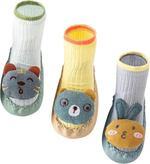 Happy Cherry 3 Pairs Baby Cotton Shoes Socks Anti-slip Cartoon Socks Toddlers Animal Indoor Slipper Summer Shoes Socks