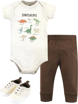 Hudson Baby Unisex Baby Cotton Bodysuit, Pant and Shoe Set, Dinosaur Adventures, 9-12 Months