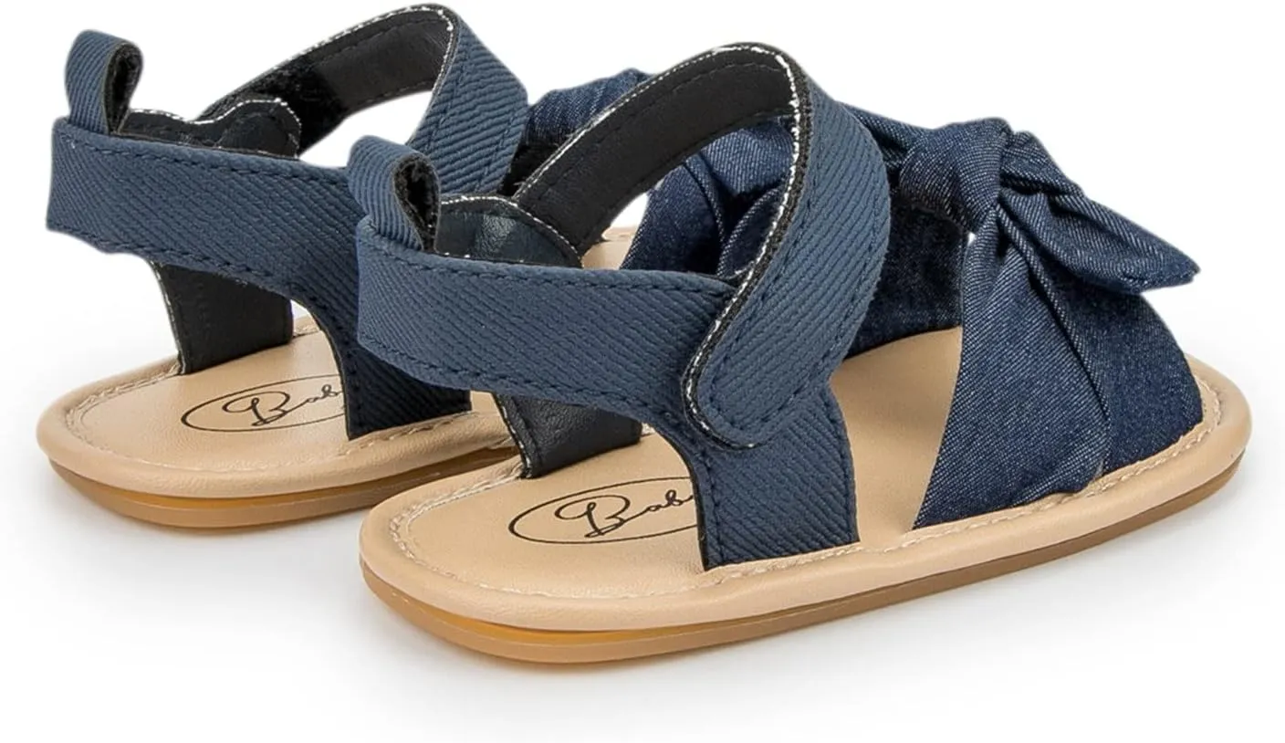 Infant Girls Open Toe Bowknot Shoes Summer Flat Base Fashion Hook Loop Sandals Canvas Shoes for Kids