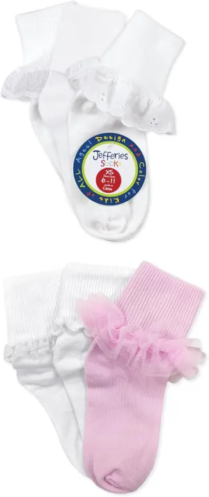 Jefferies Socks Girls Lace Ruffle Princess Tutu School Dress Turn Cuff Socks 6 Pair Pack