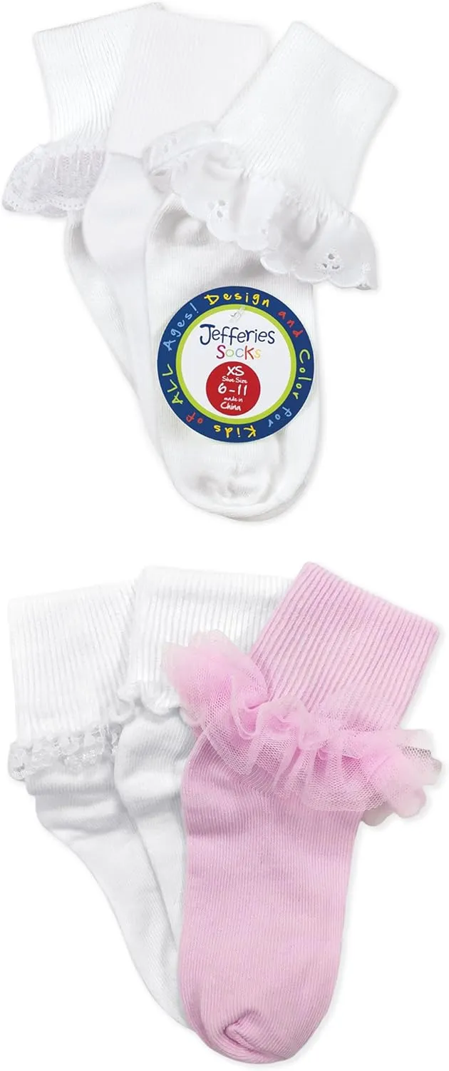 Jefferies Socks Girls Lace Ruffle Princess Tutu School Dress Turn Cuff Socks 6 Pair Pack