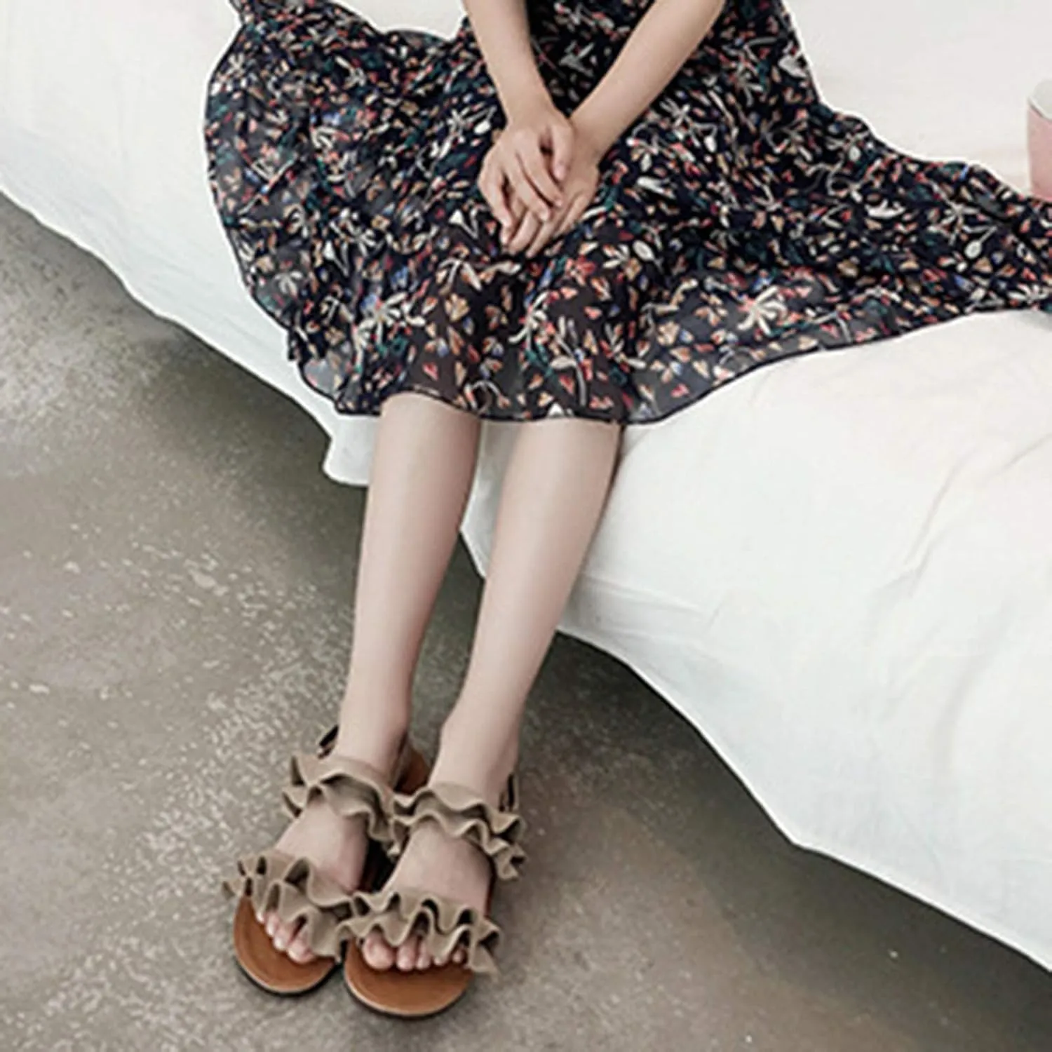 Kids Cork Footbed Flat Bottom Sandals Strap Wide Shoes Ruffle Buckle Baby Girls Light Breathable Non Slip Shoesfashio
