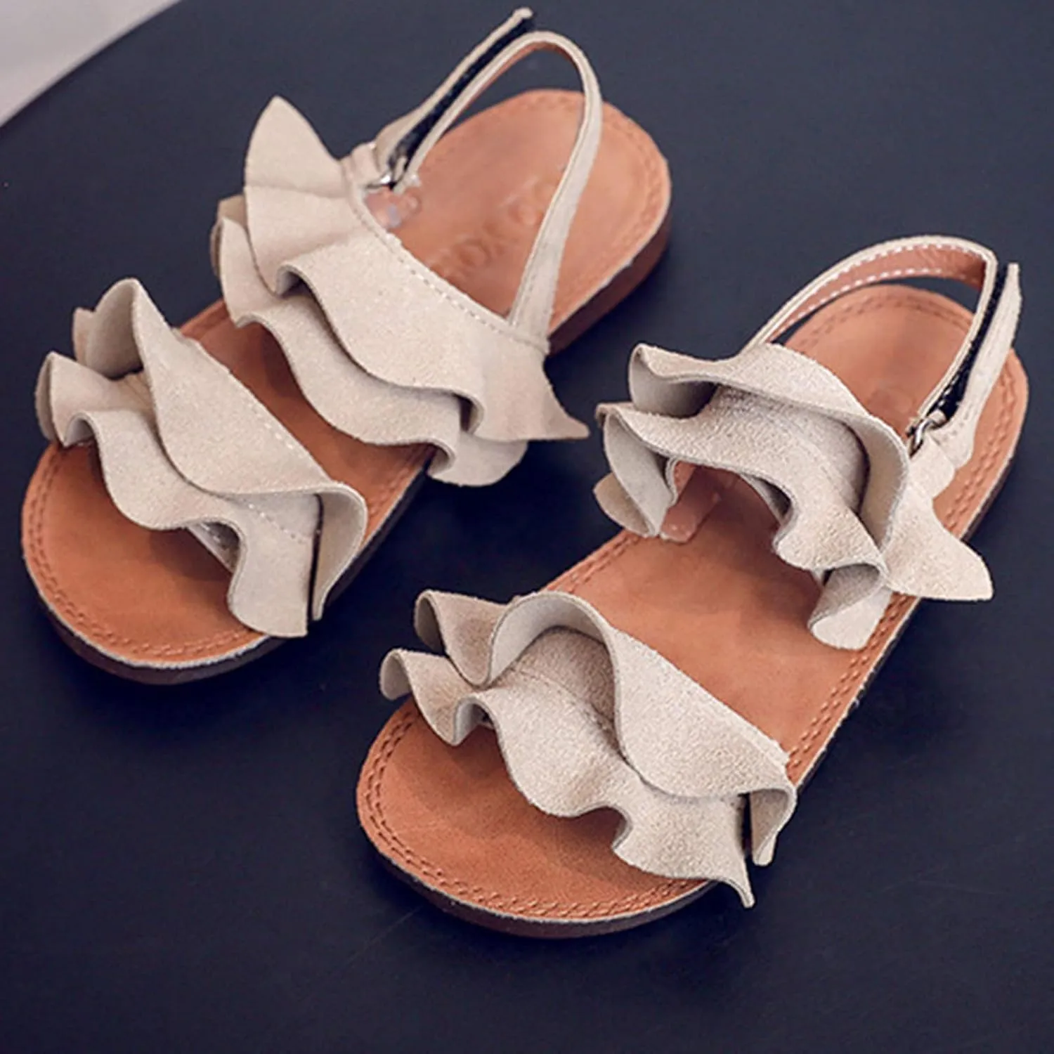 Kids Cork Footbed Flat Bottom Sandals Strap Wide Shoes Ruffle Buckle Baby Girls Light Breathable Non Slip Shoesfashio