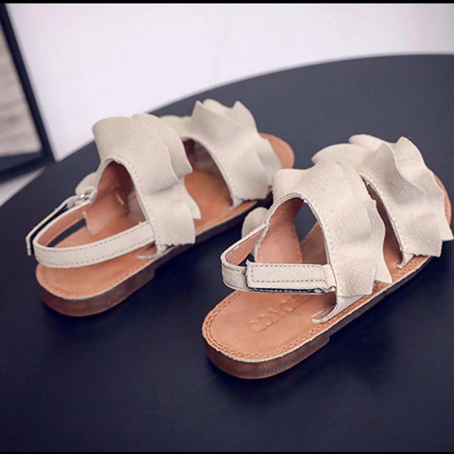 Kids Cork Footbed Flat Bottom Sandals Strap Wide Shoes Ruffle Buckle Baby Girls Light Breathable Non Slip Shoesfashio