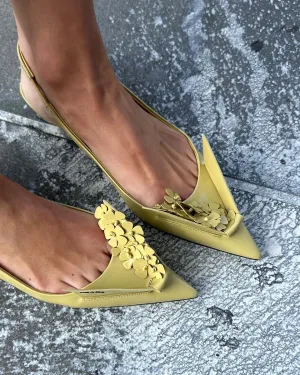 PRADA Yellow Brushed Leather Slingback Pumps With Floral Appliques UK 2 EU 35 