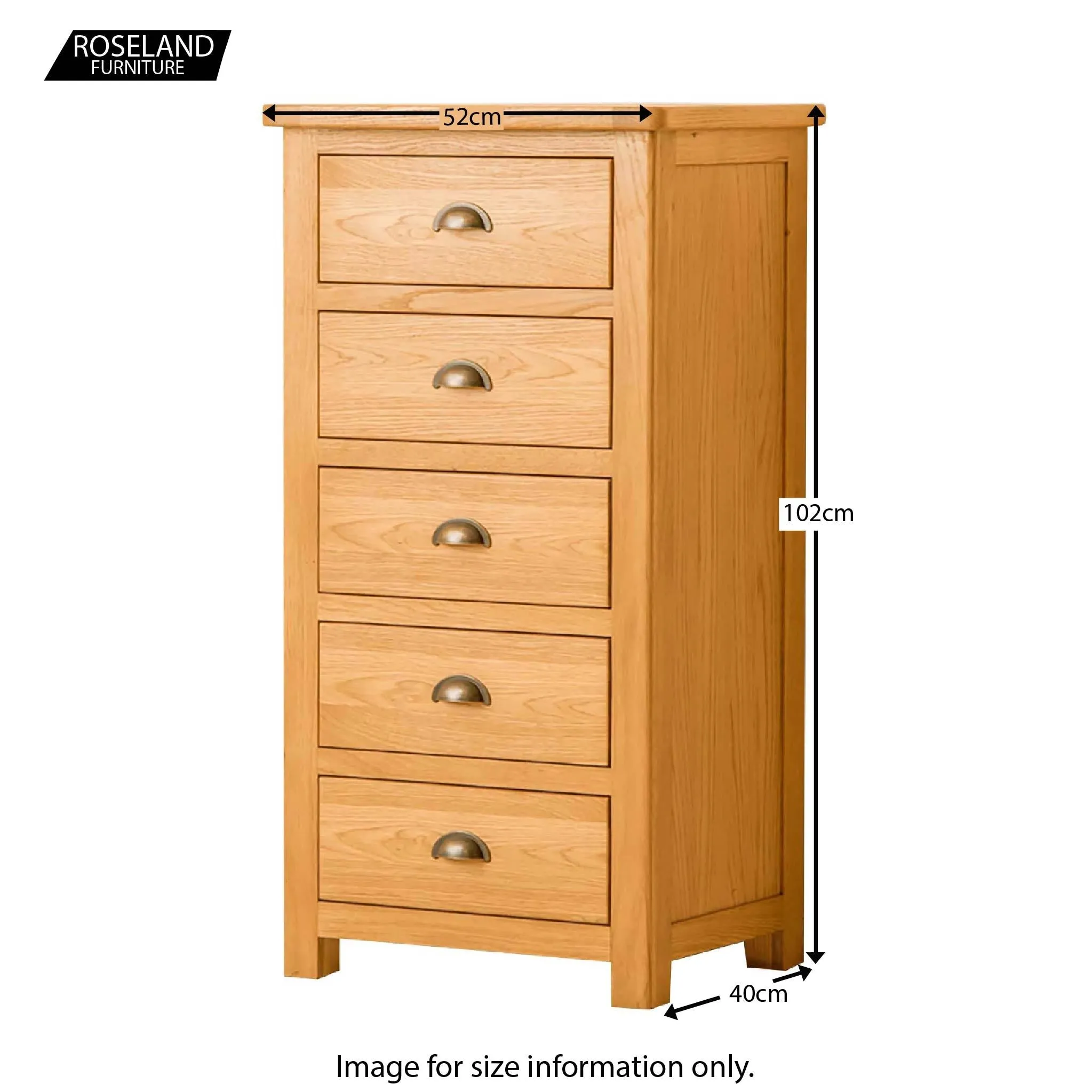 Roseland Oak 5 Drawer Tallboy Chest