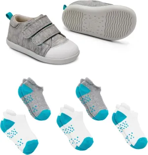 Ten Little First Walker Kids Shoes & Ankle Socks Bundle for Baby & Toddler Boys & Girls, Heather Gray Shoe Size 5, Ankle Socks with Non-Skid Grips 5 Pk