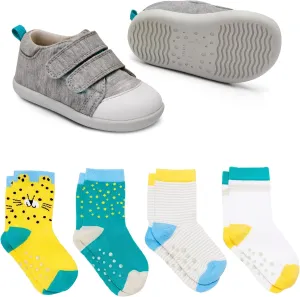 Ten Little First Walker Kids Shoes & Crew Socks Bundle for Baby & Toddler Boys & Girls, Heather Gray Shoe Size 5, Crew Socks with Non-Skid Grips 4 Pk