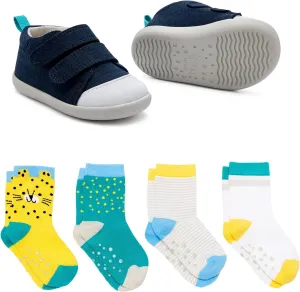 Ten Little First Walker Kids Shoes & Crew Socks Bundle for Baby & Toddler Boys & Girls, Navy Blue Shoe Size 3.5, Crew Socks with Non-Skid Grips 4 Pk
