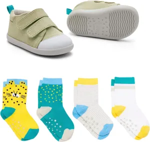 Ten Little First Walker Kids Shoes & Crew Socks Bundle for Baby & Toddler Boys & Girls, Sage Green Shoe, Size 3, Crew Socks with Non-Skid Grips 4 Pk