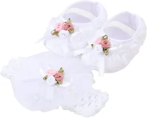 Toddler Girl Cute Shoes Baby Shoes Plus Headband Set Cute Baby Princess Shoes with Dress Hard Bottom Walking Shoes