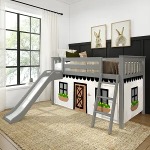 Twin Low Loft Bed with Easy Slide & Black & White Farmhouse Curtain