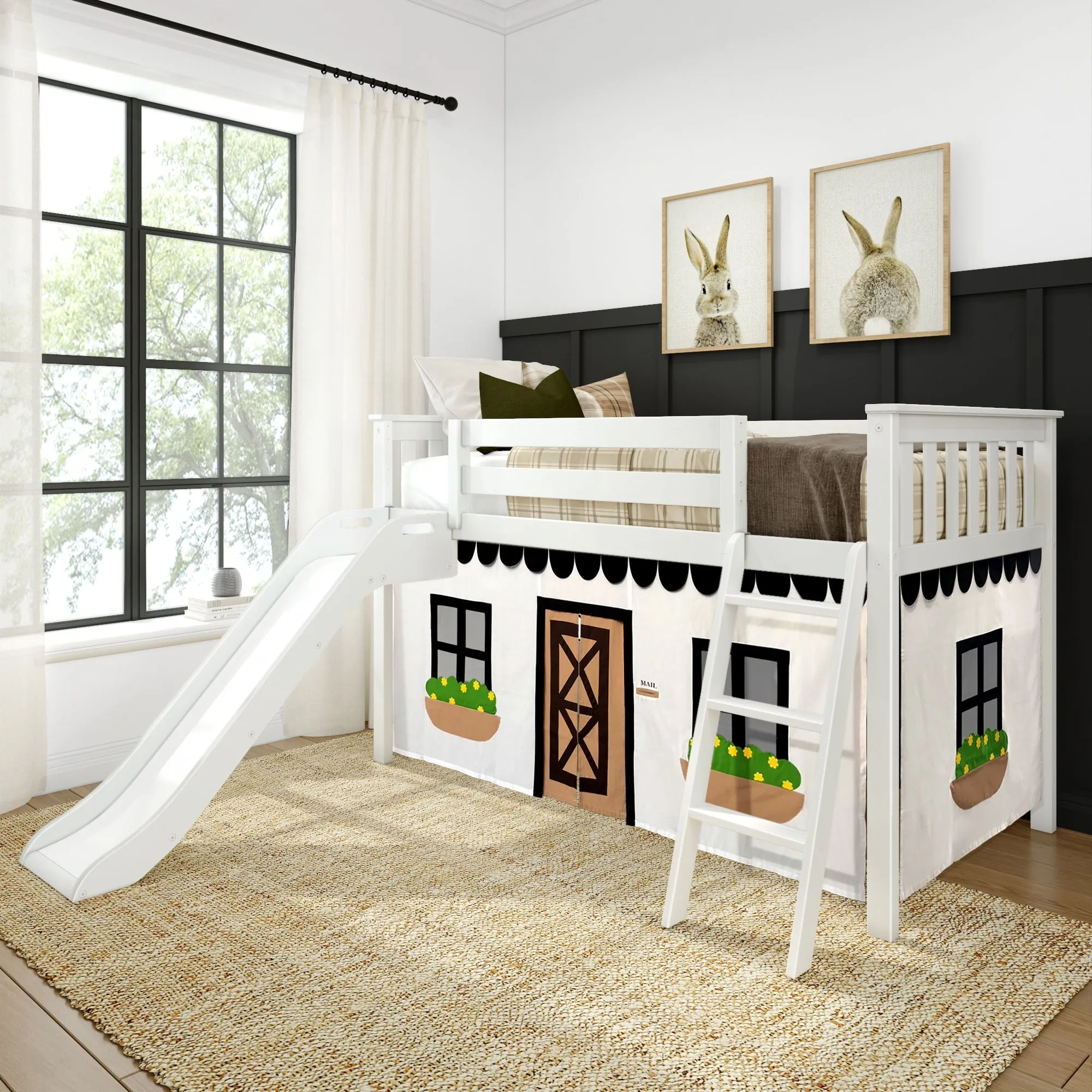 Twin Low Loft Bed with Easy Slide & Black & White Farmhouse Curtain